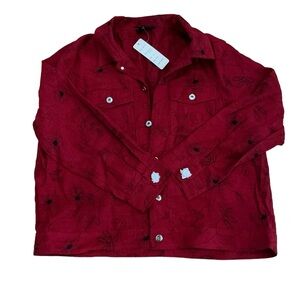 Silkland women’s silk blend red with black embroidered flowers button up jacket